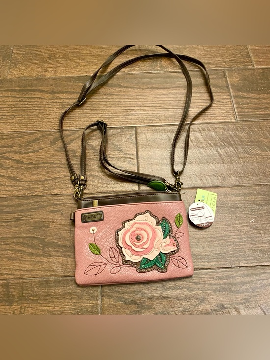 Chala Handbags - Chala Pink Floral Applique Crossbody with Brown Strap